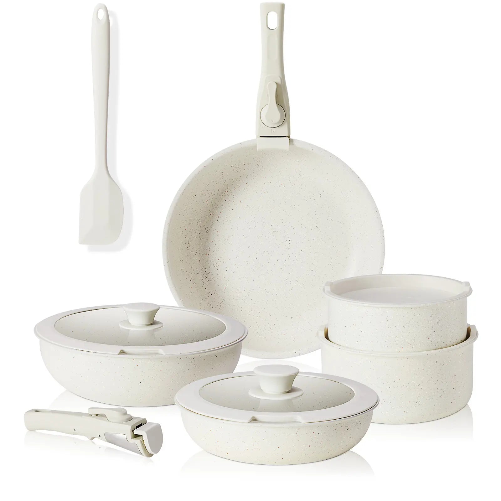 Sweetcrispy 12-Piece Non-Stick Cookware Sets - Kitchenware with Removable Handles, Food-Safe Detachable Design, Cream White, Ideal for Home Cooking, Includes Ceramic Bakeware Set