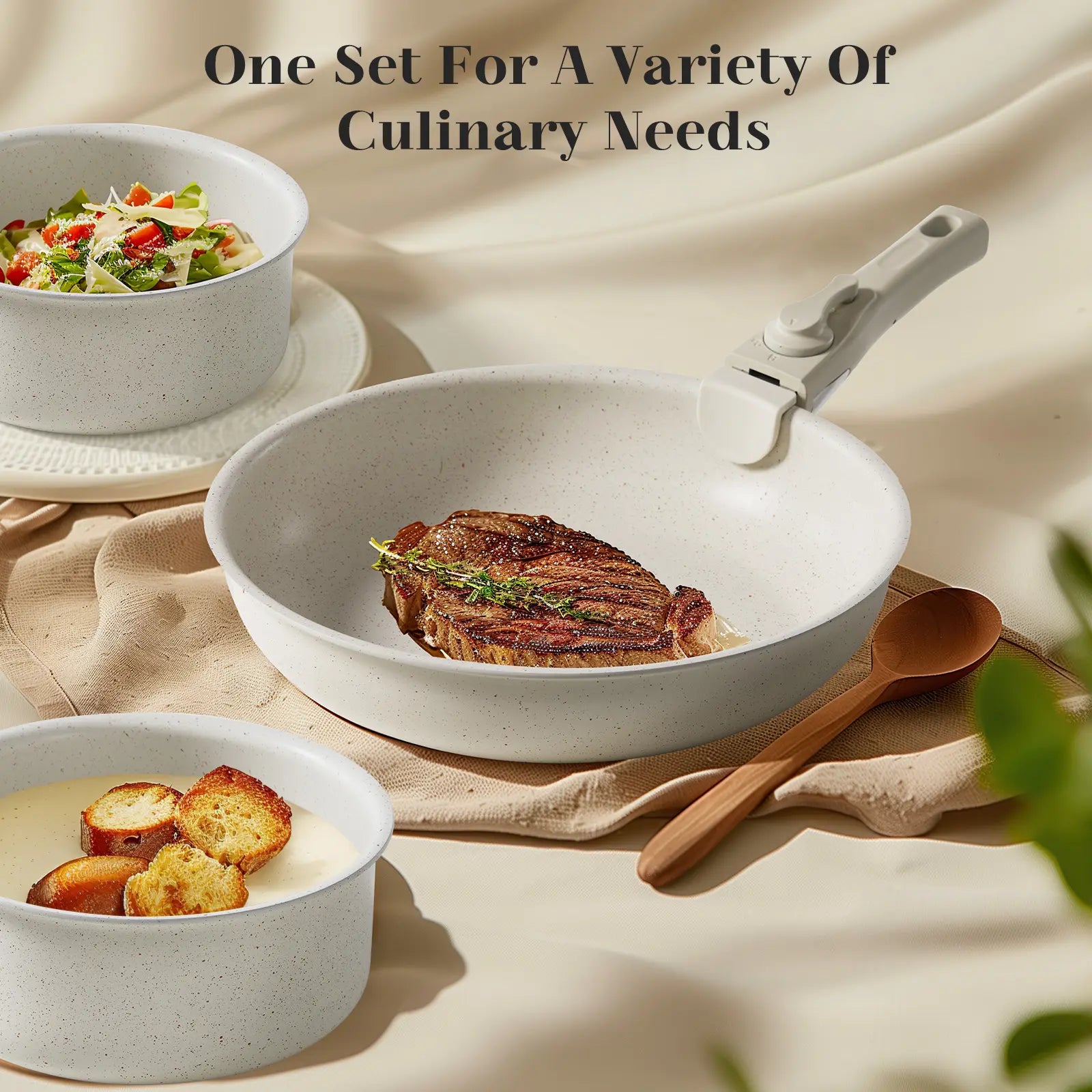 Sweetcrispy 12-Piece Non-Stick Cookware Sets - Kitchenware with Removable Handles, Food-Safe Detachable Design, Cream White, Ideal for Home Cooking, Includes Ceramic Bakeware Set