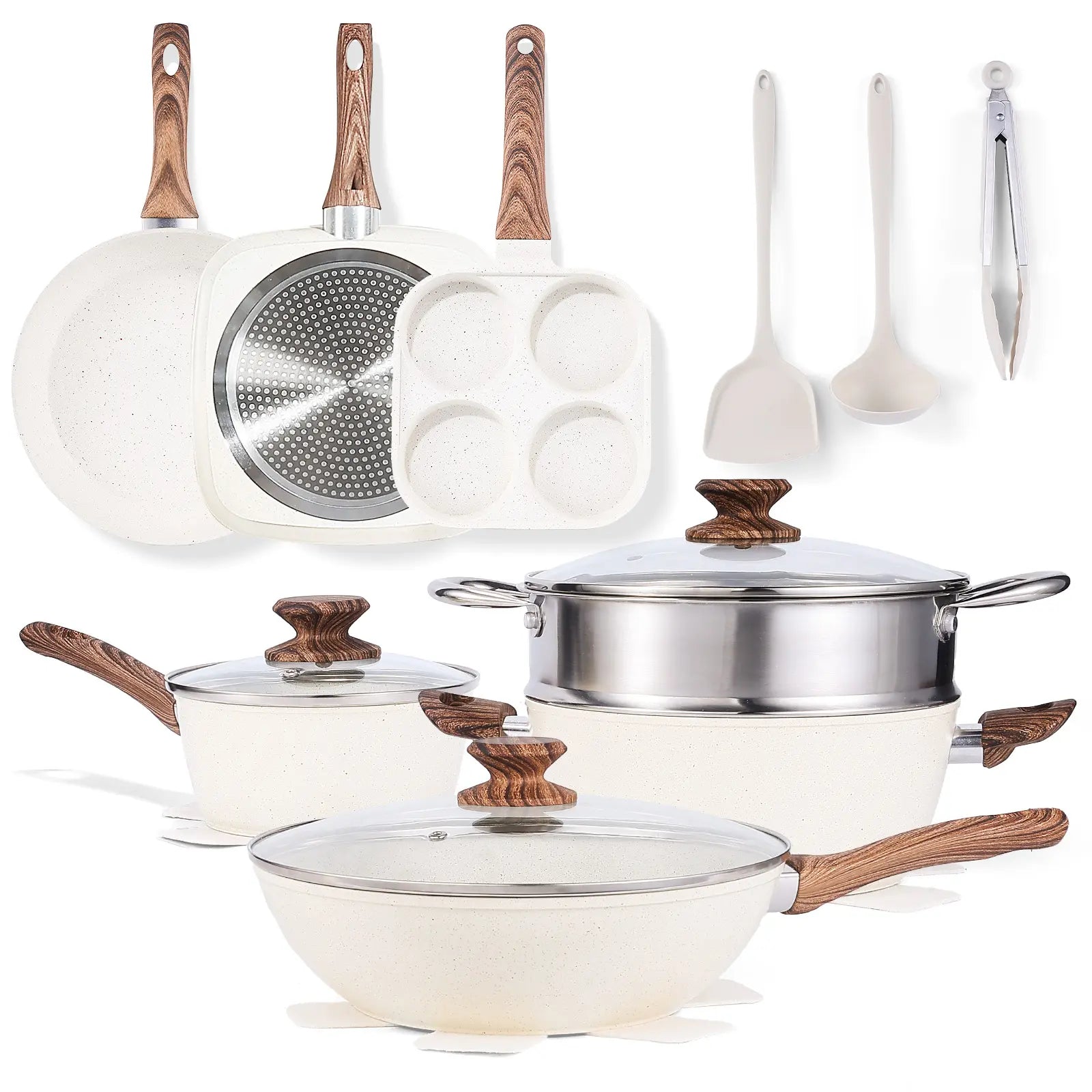 Sweetcrispy 12-Piece Non-Stick Cookware Sets - Kitchenware with Removable Handles, Food-Safe Detachable Design, Cream White, Ideal for Home Cooking, Includes Ceramic Bakeware Set