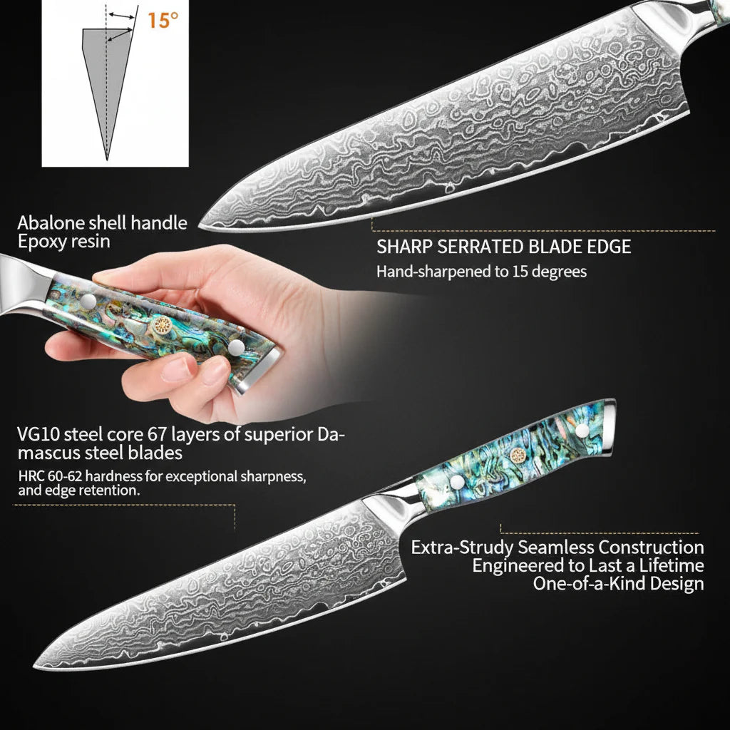 Damascus Chef Knife – Abalone Shell Ergonomic Handle