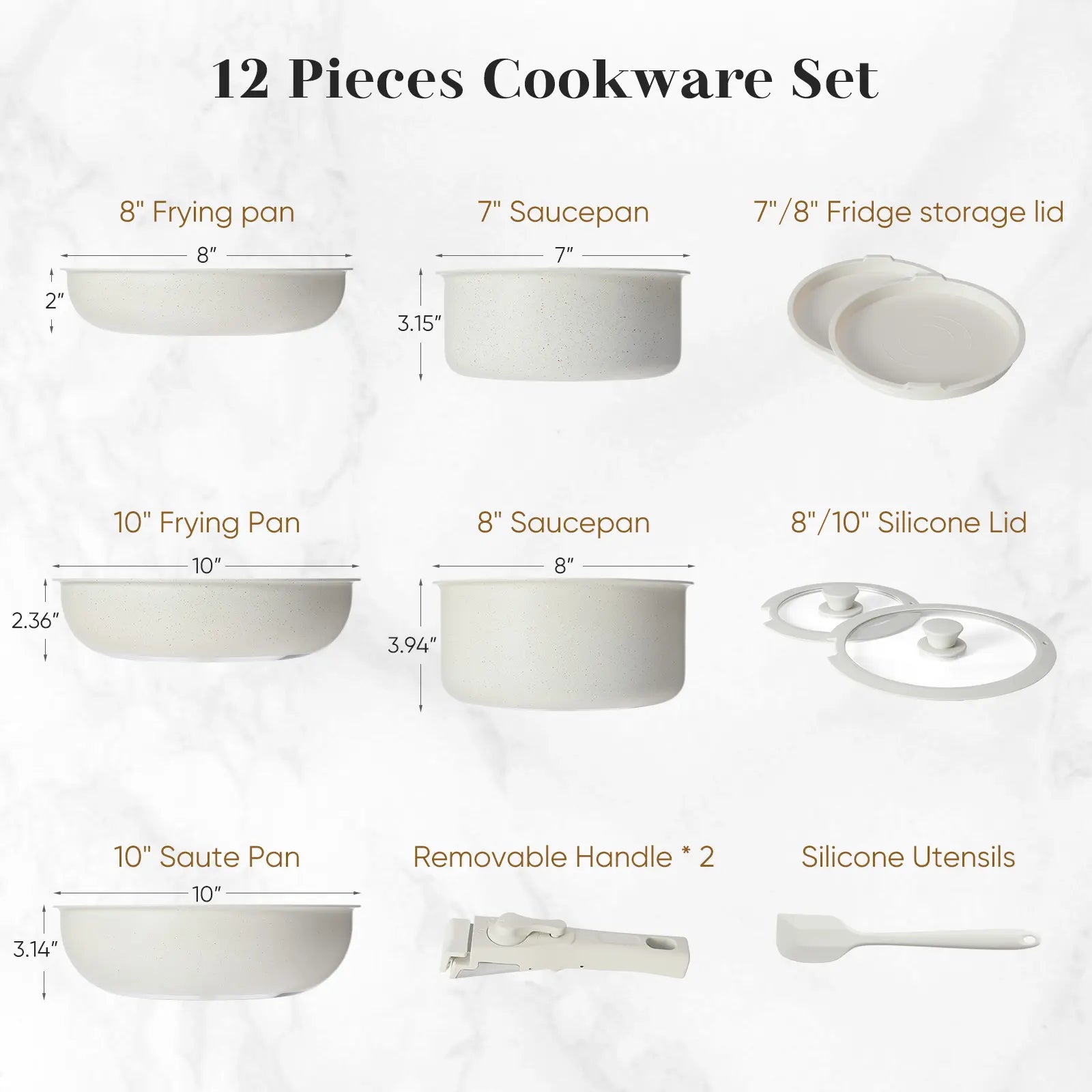 Sweetcrispy 12-Piece Non-Stick Cookware Sets - Kitchenware with Removable Handles, Food-Safe Detachable Design, Cream White, Ideal for Home Cooking, Includes Ceramic Bakeware Set
