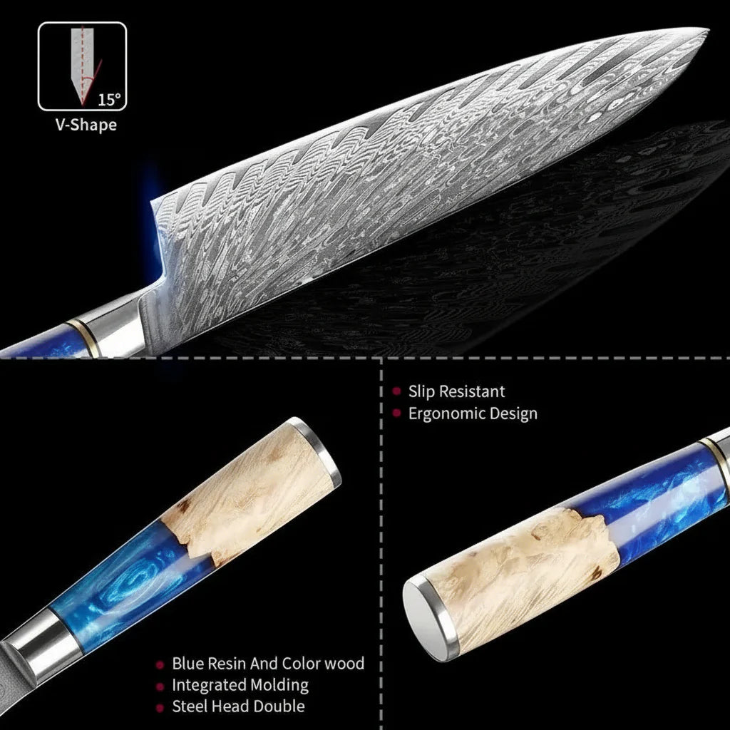 67-Layer Damascus Kitchen Knife Set – Chef, Nakiri, Utility & Santoku Knives with Wooden Handle