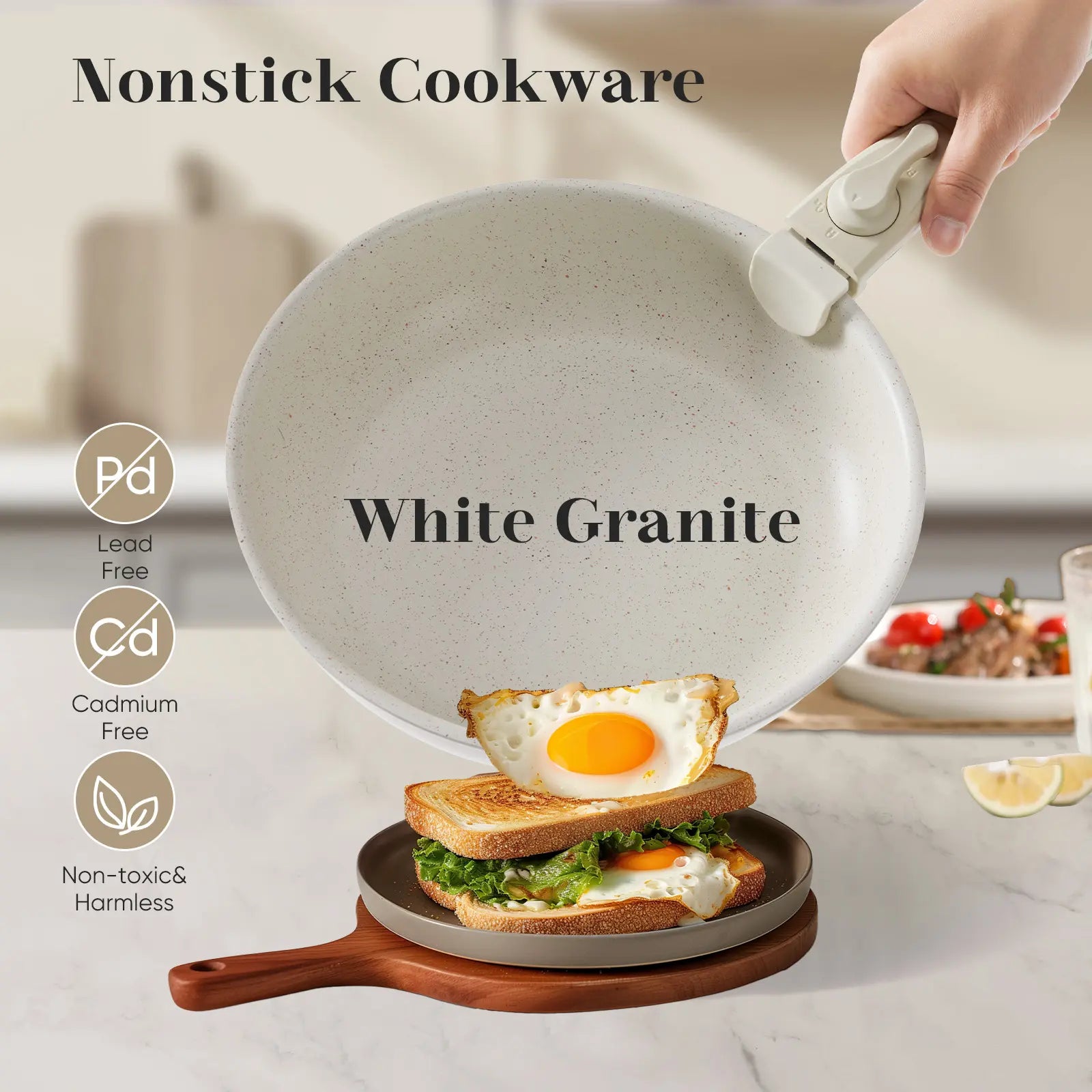 Sweetcrispy 12-Piece Non-Stick Cookware Sets - Kitchenware with Removable Handles, Food-Safe Detachable Design, Cream White, Ideal for Home Cooking, Includes Ceramic Bakeware Set