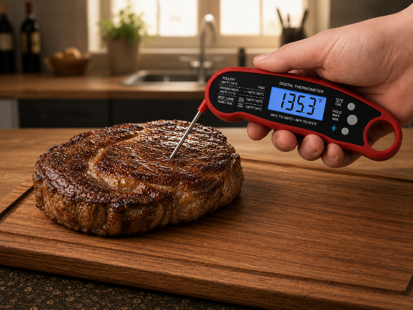 Instant-read meat thermometer reading a steak on the grill