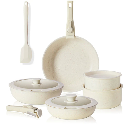 Sweetcrispy 12-Piece Non-Stick Cookware Sets - Kitchenware with Removable Handles, Food-Safe Detachable Design, Cream White, Ideal for Home Cooking, Includes Ceramic Bakeware Set