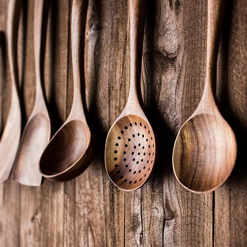 5Piece Premium Wood Kitchenware Set with Ergonomic Handles Purely Natural Eco-Friendly Material- Includes Spoon, Tablespoon and Sauté Spatula, Heat-Resistant, Easy-To-Clean, Durable Cooking Tools for Non-Stick Pans Utensils Wooden Cookware Stirring
