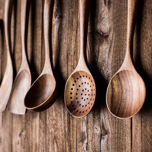 5Piece Premium Wood Kitchenware Set with Ergonomic Handles Purely Natural Eco-Friendly Material- Includes Spoon, Tablespoon and Sauté Spatula, Heat-Resistant, Easy-To-Clean, Durable Cooking Tools for Non-Stick Pans Utensils Wooden Cookware Stirring